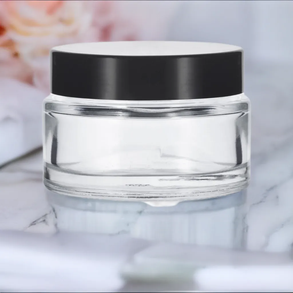 1 oz Clear Glass Thick Wall Balm Jars with Black Smooth Foam Lined Lids (12 Pack)