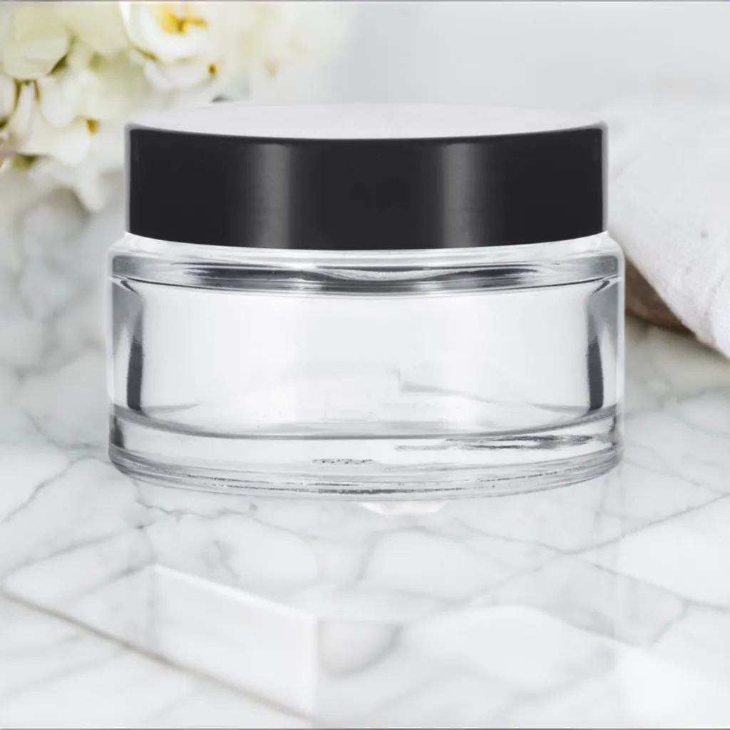 1 oz Clear Glass Thick Wall Balm Jars with Black Smooth Foam Lined Lids (12 Pack)