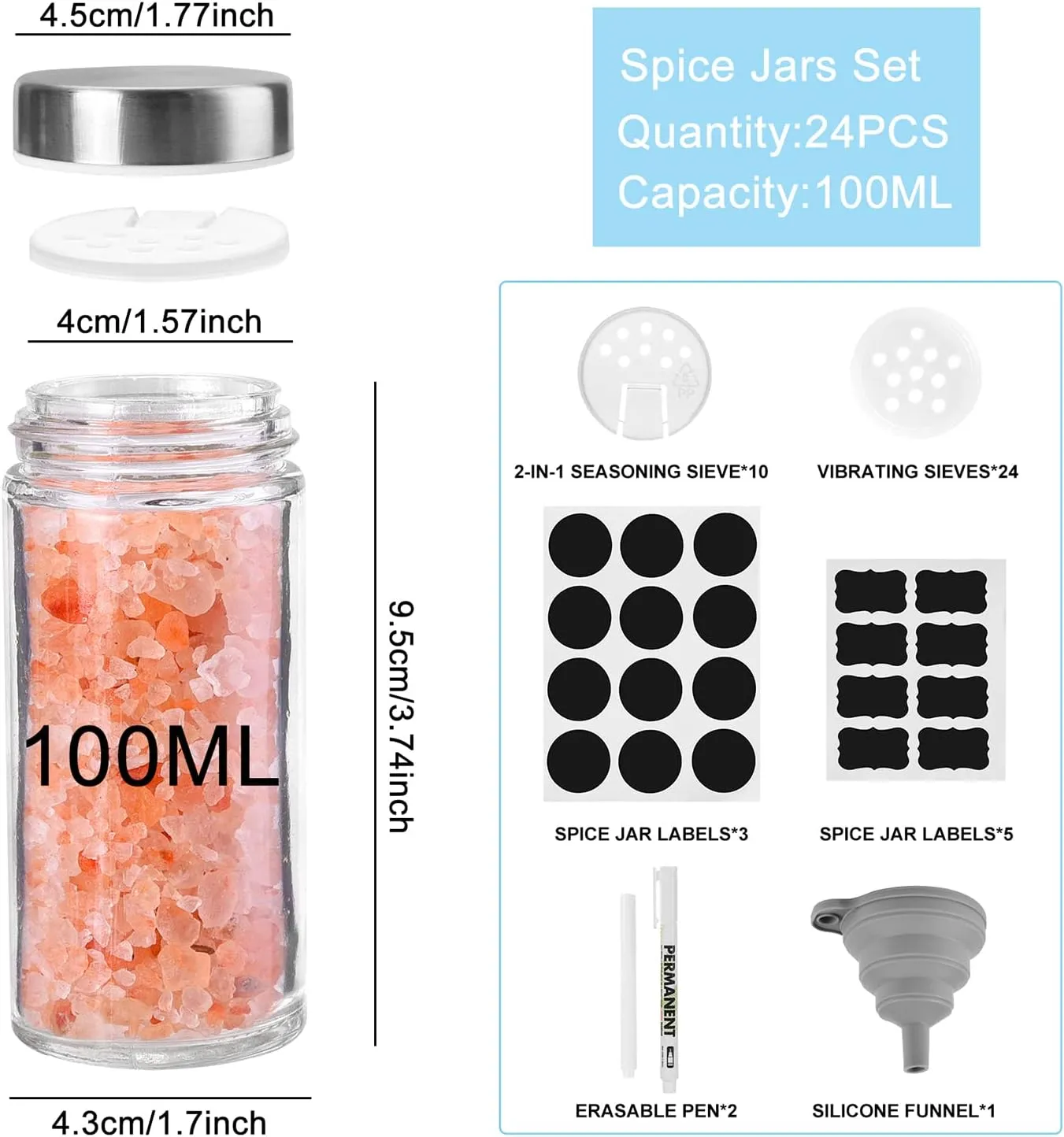 12 Round Spice Jars, 4 oz Seasoning Containers with Airtight Stainless Steel Caps and Shaker lids,Round Seasoning Containers and Spices Container Set.…