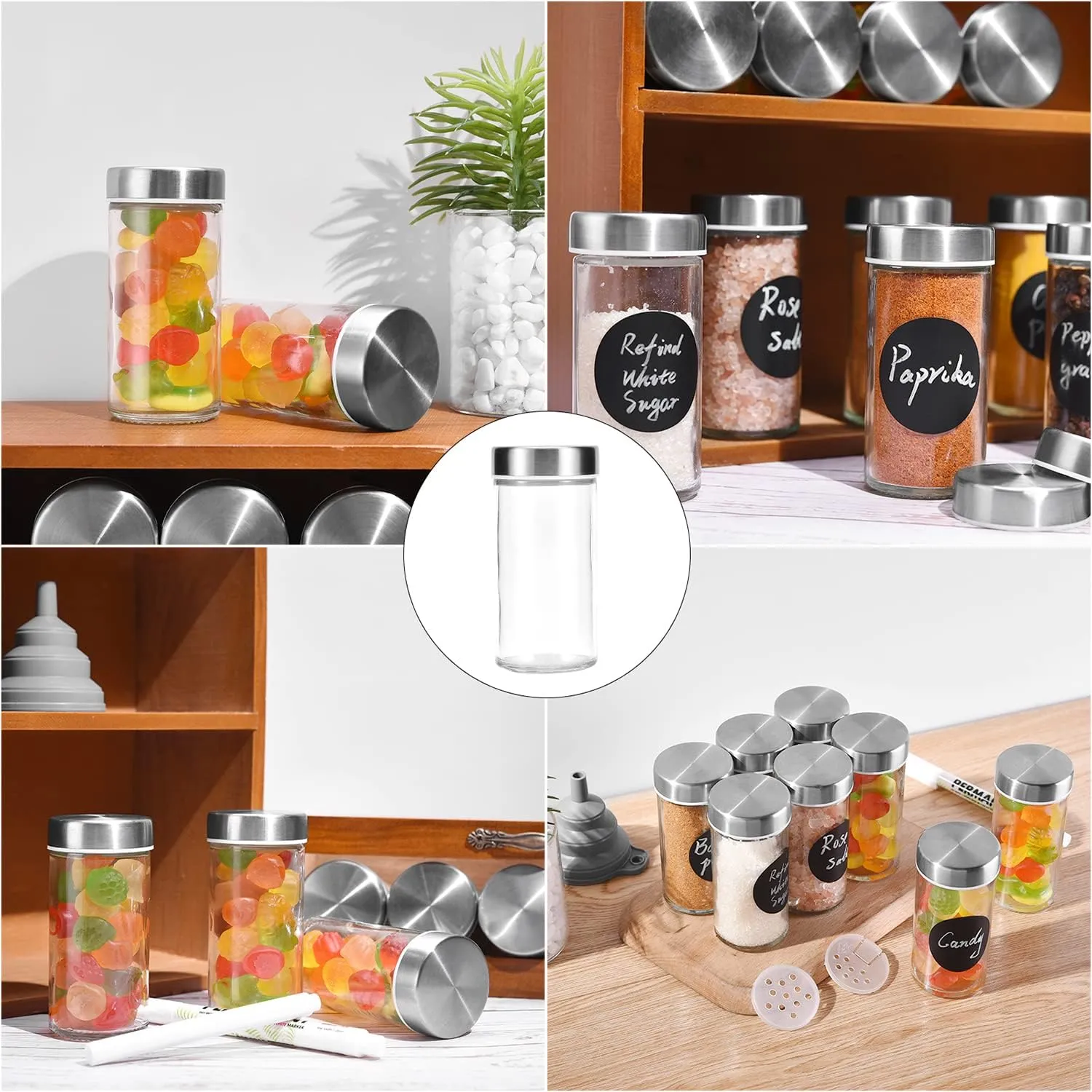 12 Round Spice Jars, 4 oz Seasoning Containers with Airtight Stainless Steel Caps and Shaker lids,Round Seasoning Containers and Spices Container Set.…
