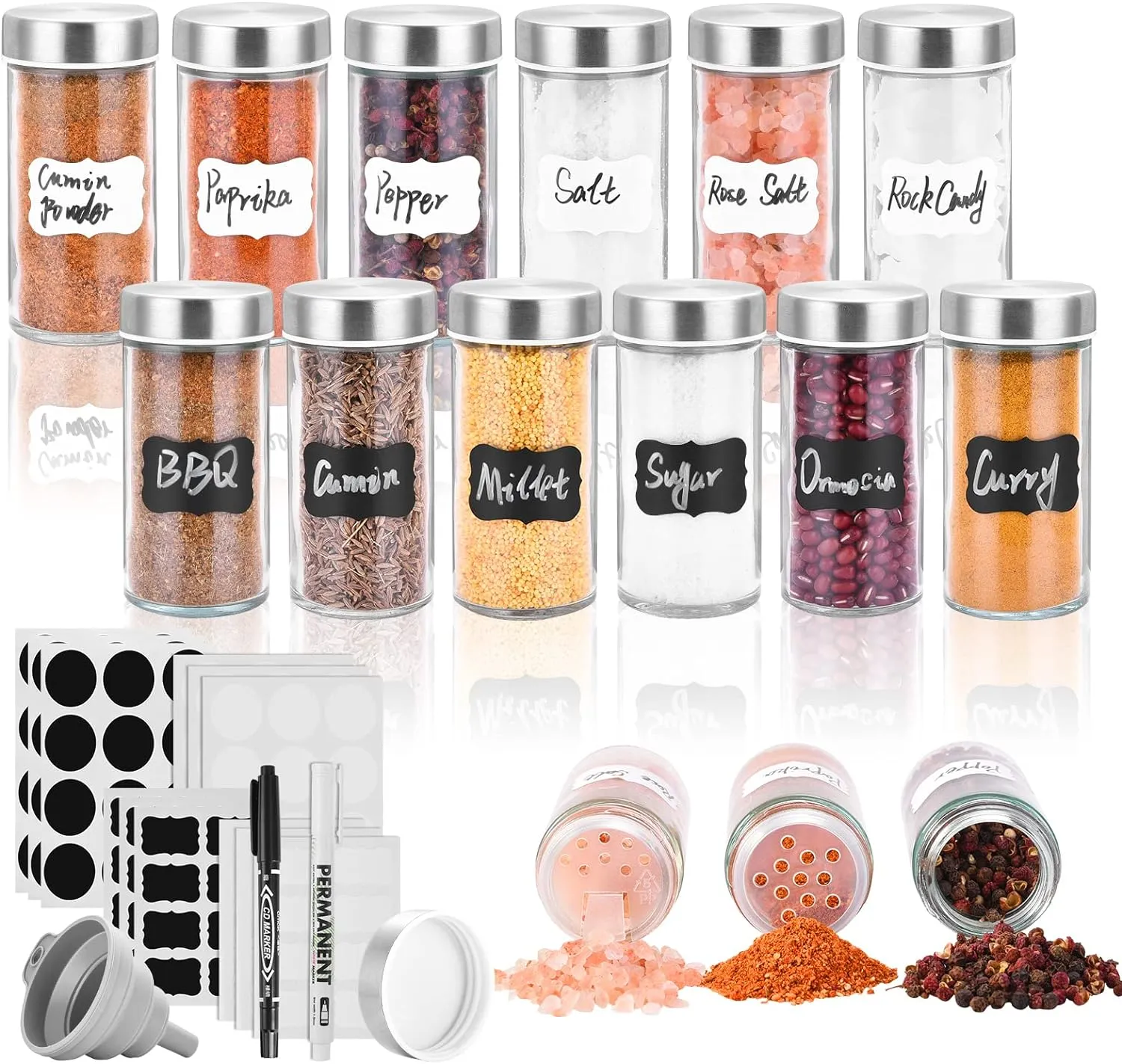 12 Round Spice Jars, 4 oz Seasoning Containers with Airtight Stainless Steel Caps and Shaker lids,Round Seasoning Containers and Spices Container Set.…