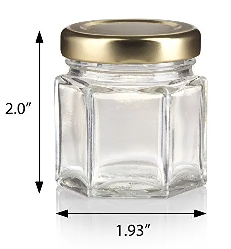 1.5 oz / 45 ml Glass Hexagon Jar in Clear with Gold Metal Plastisol Lid (6 Pack)