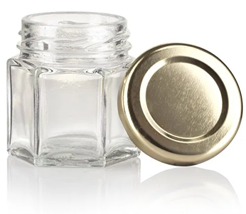 1.5 oz / 45 ml Glass Hexagon Jar in Clear with Gold Metal Plastisol Lid (6 Pack)