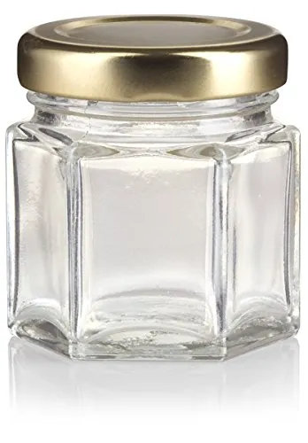 1.5 oz / 45 ml Glass Hexagon Jar in Clear with Gold Metal Plastisol Lid (6 Pack)