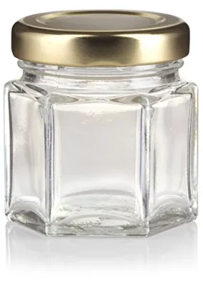 1.5 oz / 45 ml Glass Hexagon Jar in Clear with Gold Metal Plastisol Lid (6 Pack)