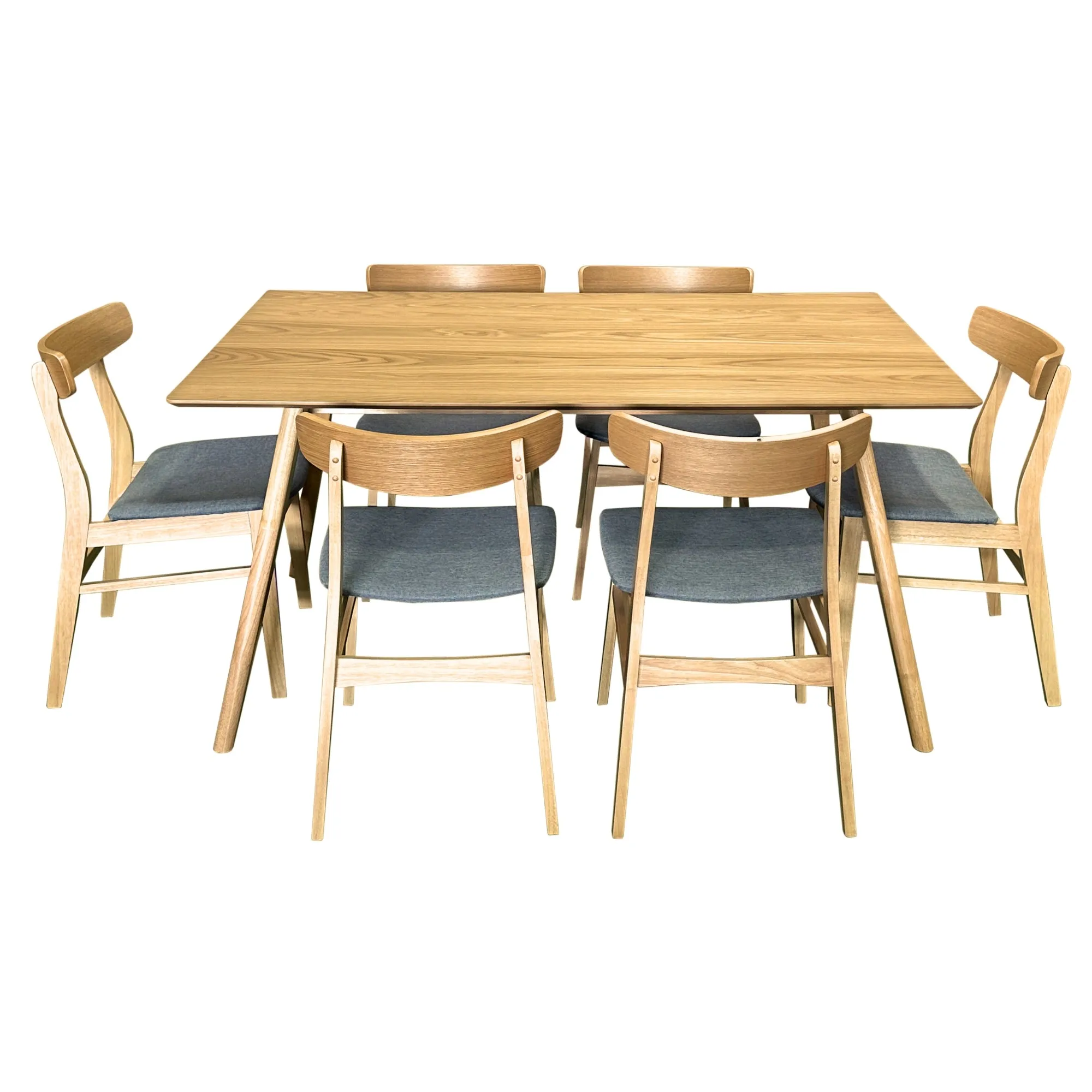 7pc Natural Oak Dining Set, Solid Wood, Fabric Chairs