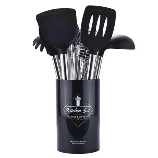 9pcs/set Stainless Steel Silicone Kitchen Utensil Set with Storage Bucket