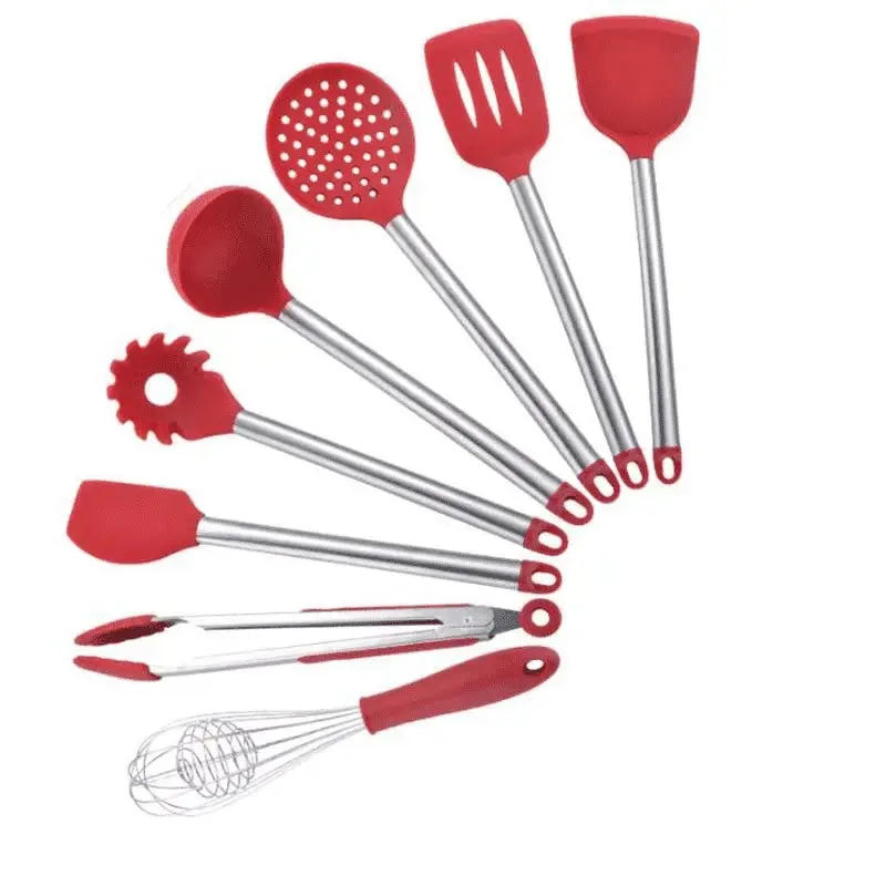 9pcs/set Stainless Steel Silicone Kitchen Utensil Set with Storage Bucket