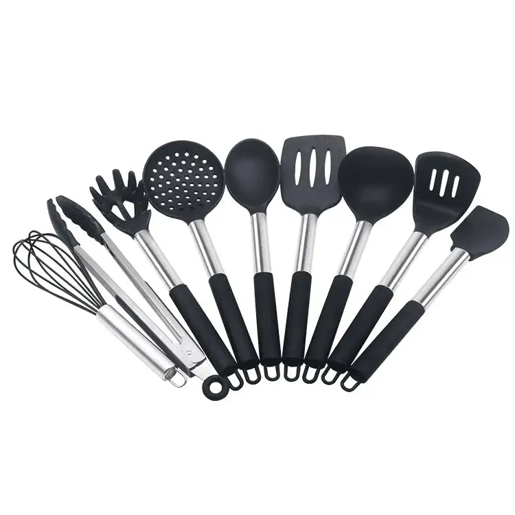 9pcs/set Stainless Steel Silicone Kitchen Utensil Set with Storage Bucket