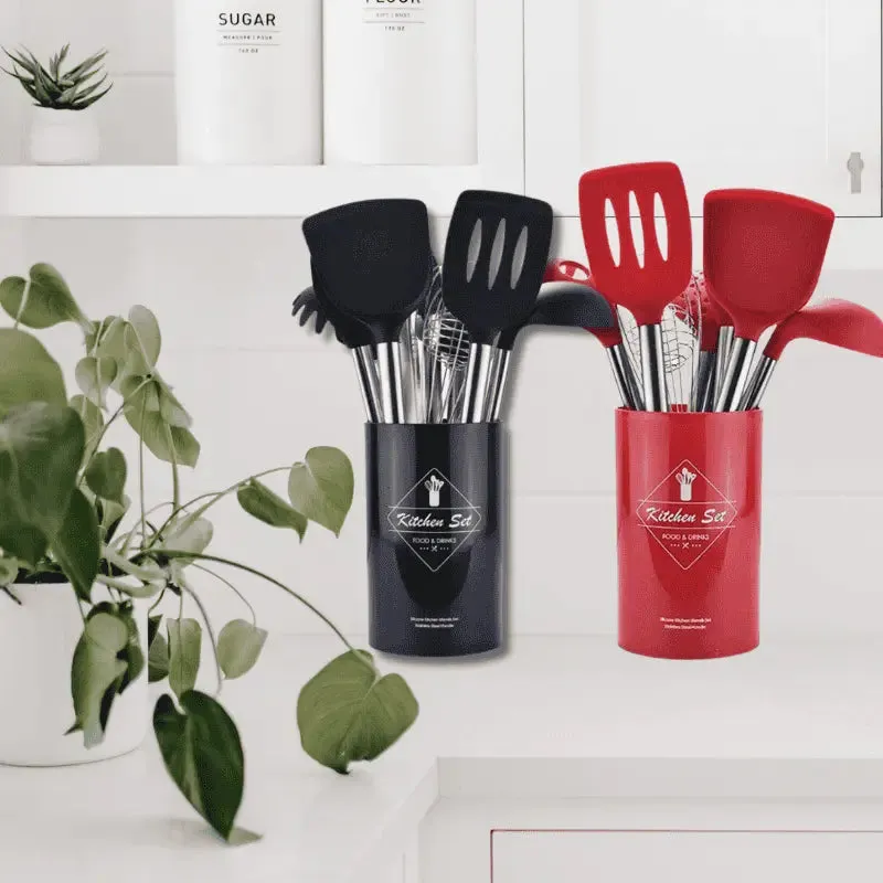 9pcs/set Stainless Steel Silicone Kitchen Utensil Set with Storage Bucket