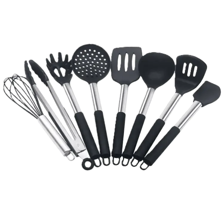 9pcs/set Stainless Steel Silicone Kitchen Utensil Set with Storage Bucket