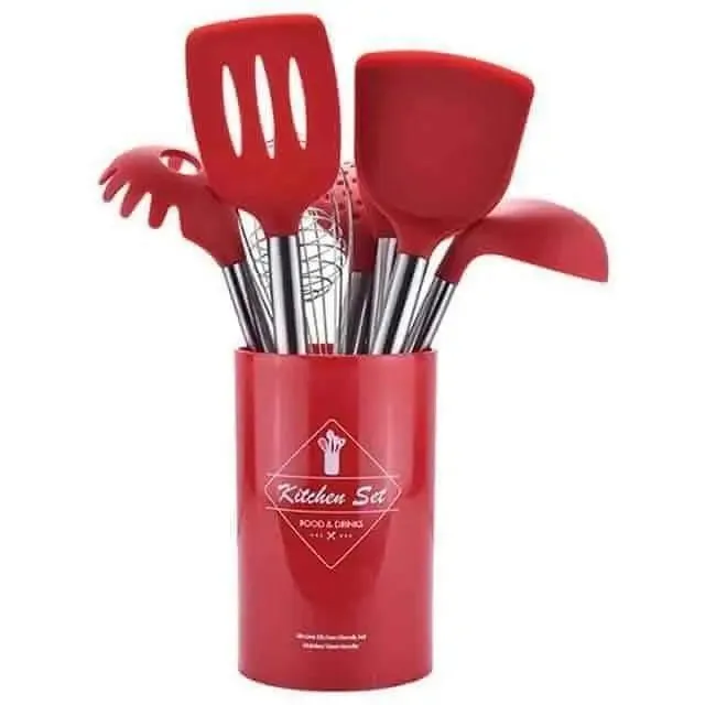 9pcs/set Stainless Steel Silicone Kitchen Utensil Set with Storage Bucket