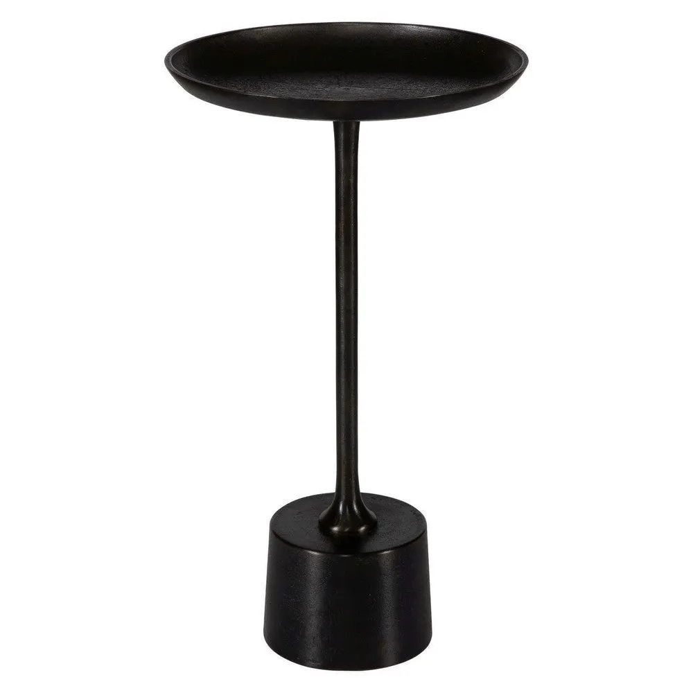 Accent Drink Table, 13 Inch Round Tray Top, Tapered Black Aluminum Base By Casagear Home