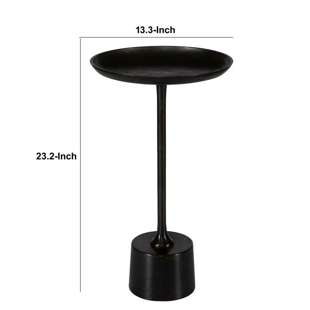 Accent Drink Table, 13 Inch Round Tray Top, Tapered Black Aluminum Base By Casagear Home