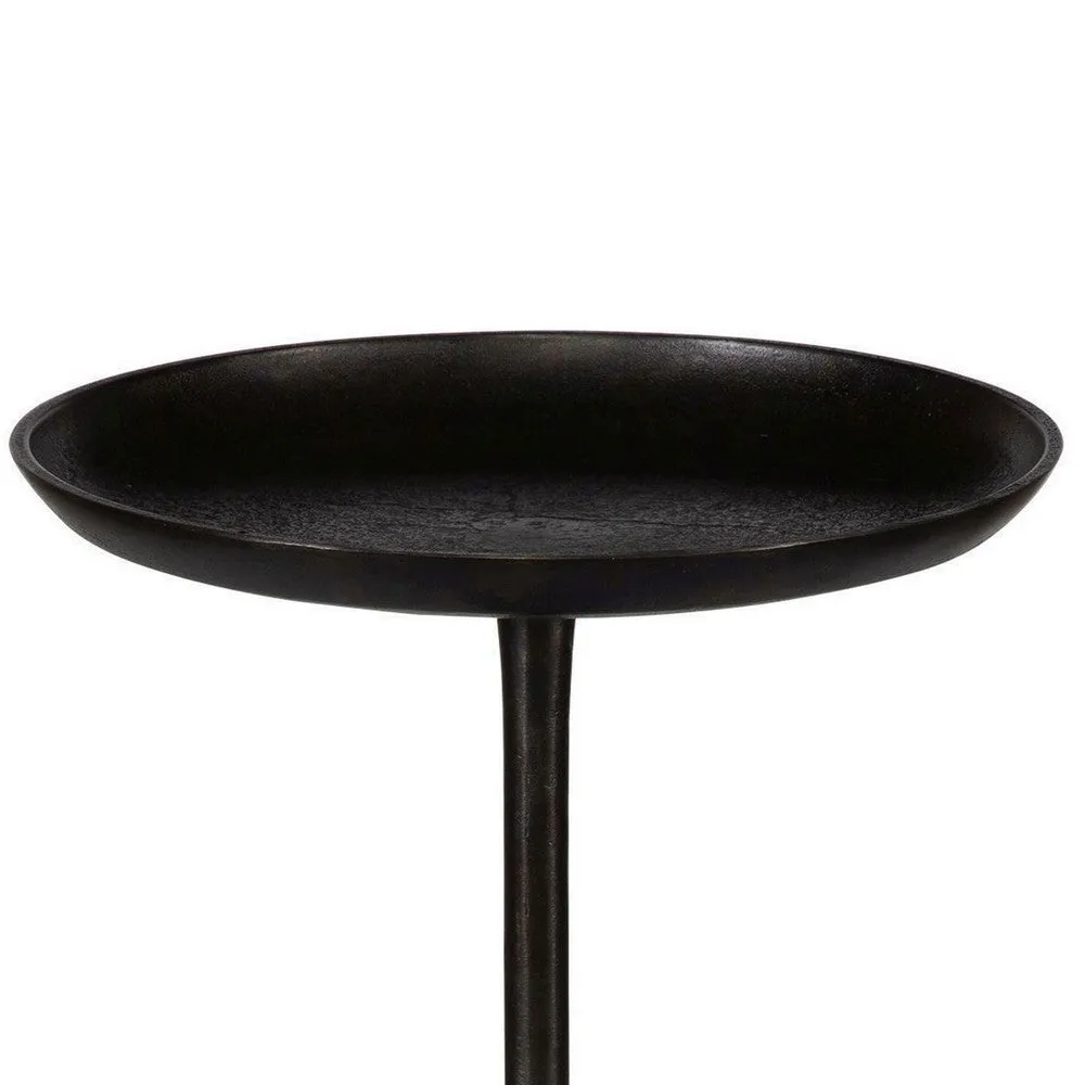 Accent Drink Table, 13 Inch Round Tray Top, Tapered Black Aluminum Base By Casagear Home
