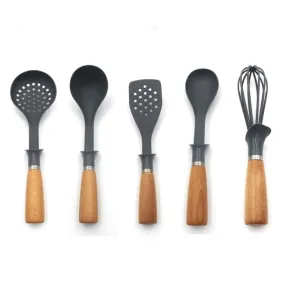 Auroware Kitchen Handle Wood Utensils Set 5 Piece for Baking, Cooking, and Mixing, Dishwasher Safe, Heat Resistant, Soup ladle, Slotted turner, Egg whisk, Solid spoon, and skimmer