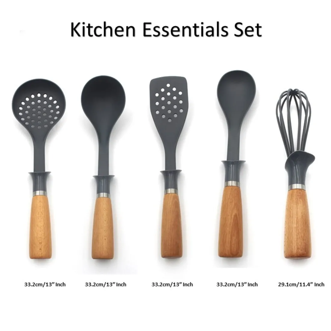 Auroware Kitchen Handle Wood Utensils Set 5 Piece for Baking, Cooking, and Mixing, Dishwasher Safe, Heat Resistant, Soup ladle, Slotted turner, Egg whisk, Solid spoon, and skimmer