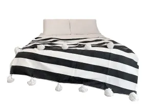 Black with Large White Stripes Pom Pom Blanket - Atlas