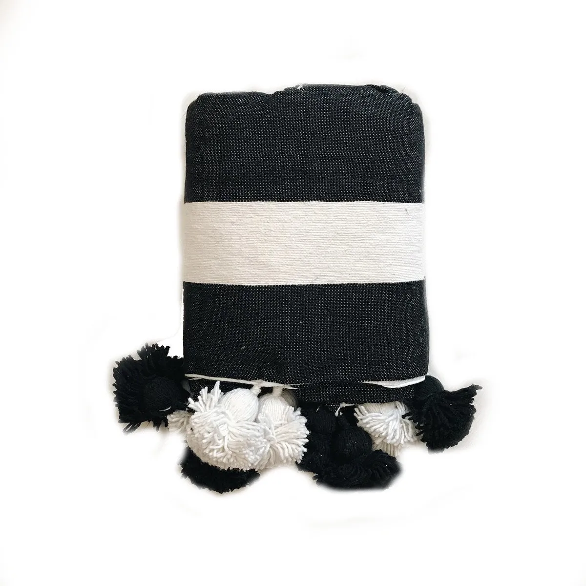 Black with Large White Stripes Pom Pom Blanket - Atlas