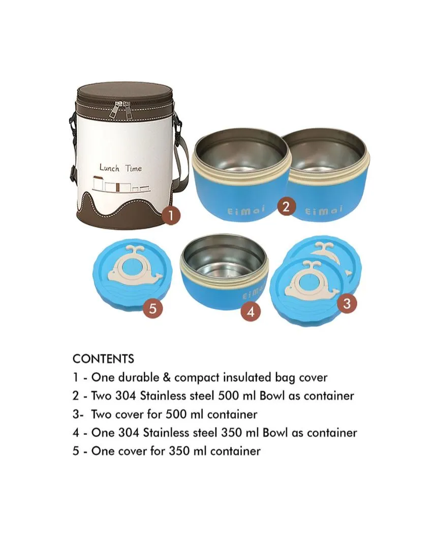 Blue & Brown Stainless Steel Lunch Box with Insulated Cover | Set of 3 Pcs