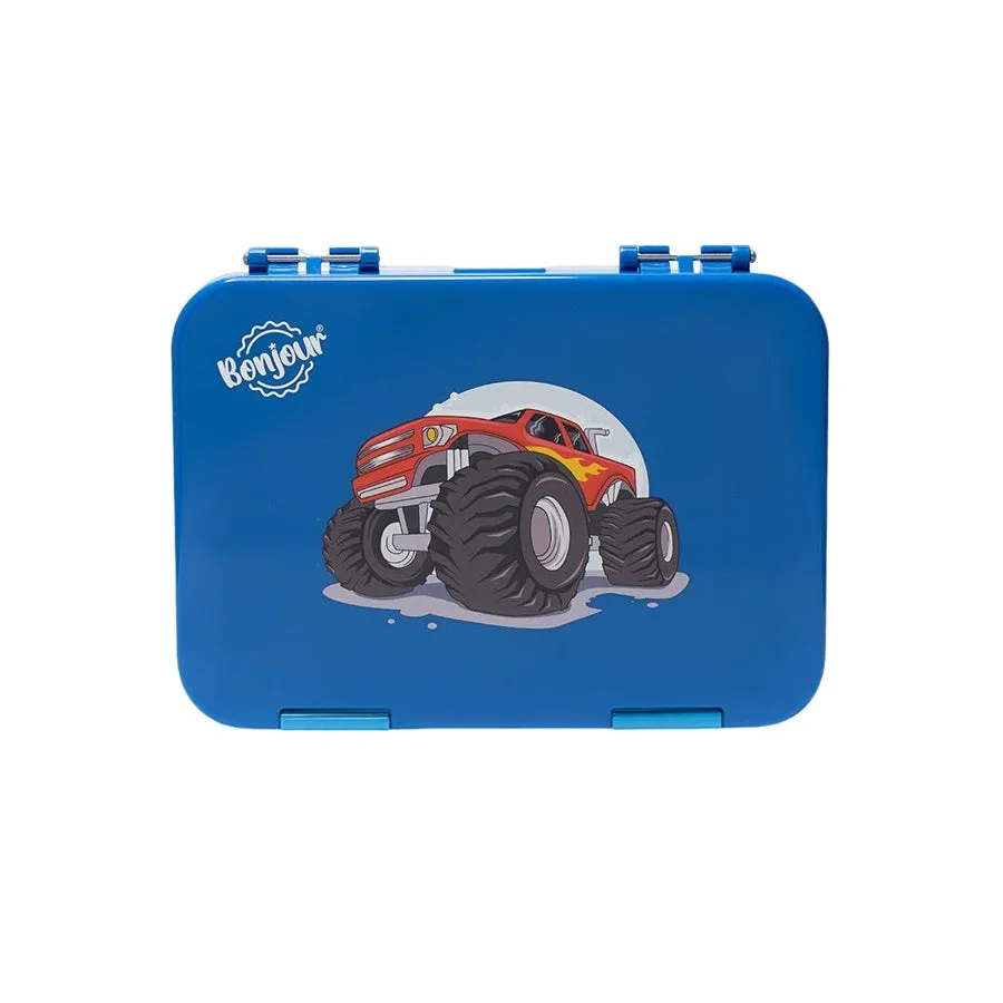 Bonjour Snax Box Bento Mini Lunch Box 6/4 Compartments (Blue Monster Truck)