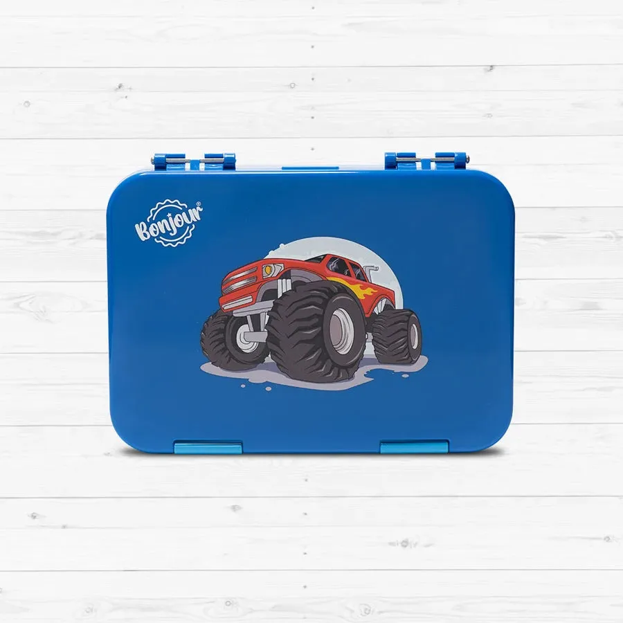 Bonjour Snax Box Bento Mini Lunch Box 6/4 Compartments (Blue Monster Truck)