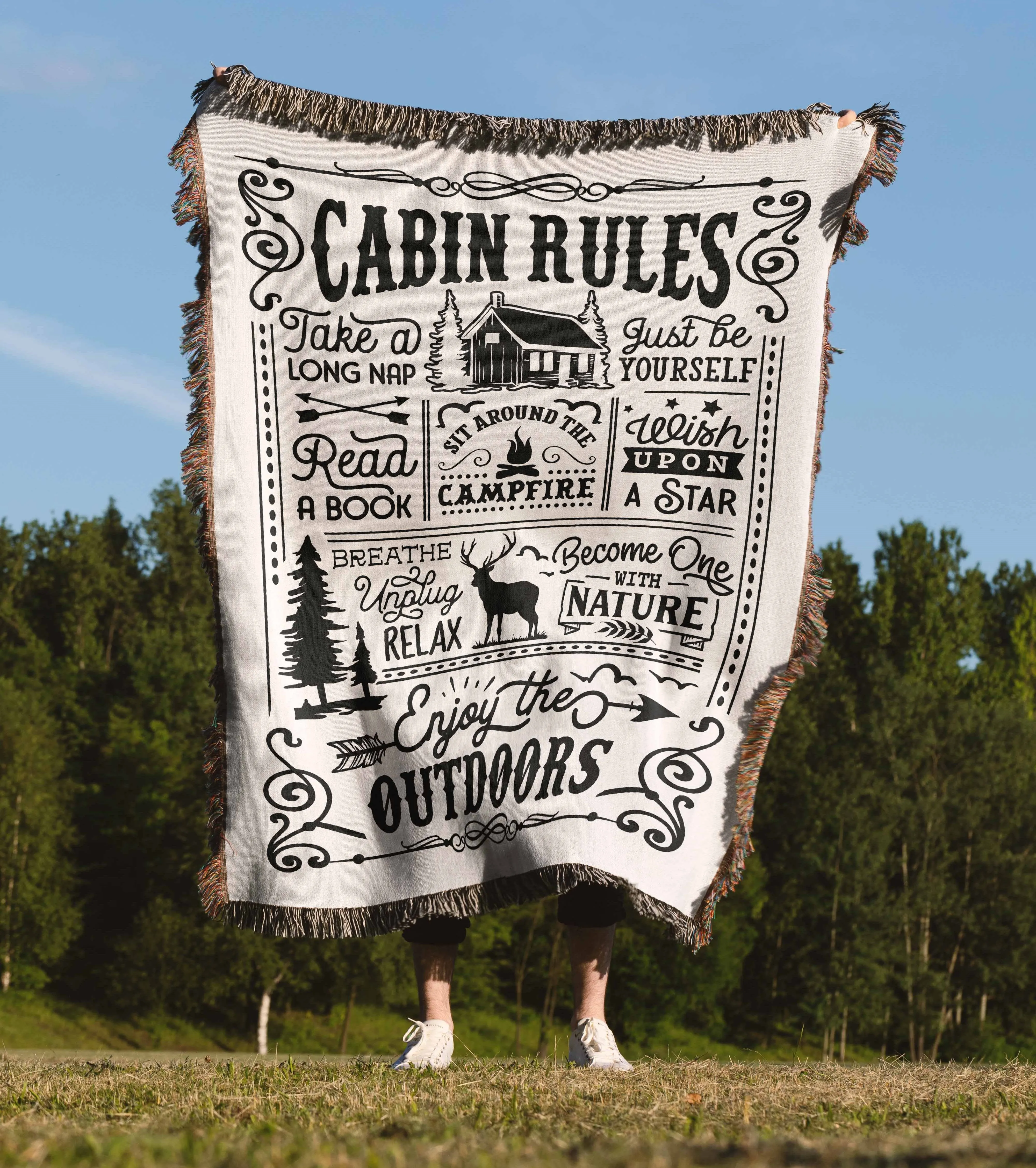 Cabin Rules Camping Hiking 50" x 60" Gift Woven Jacquard Blanket