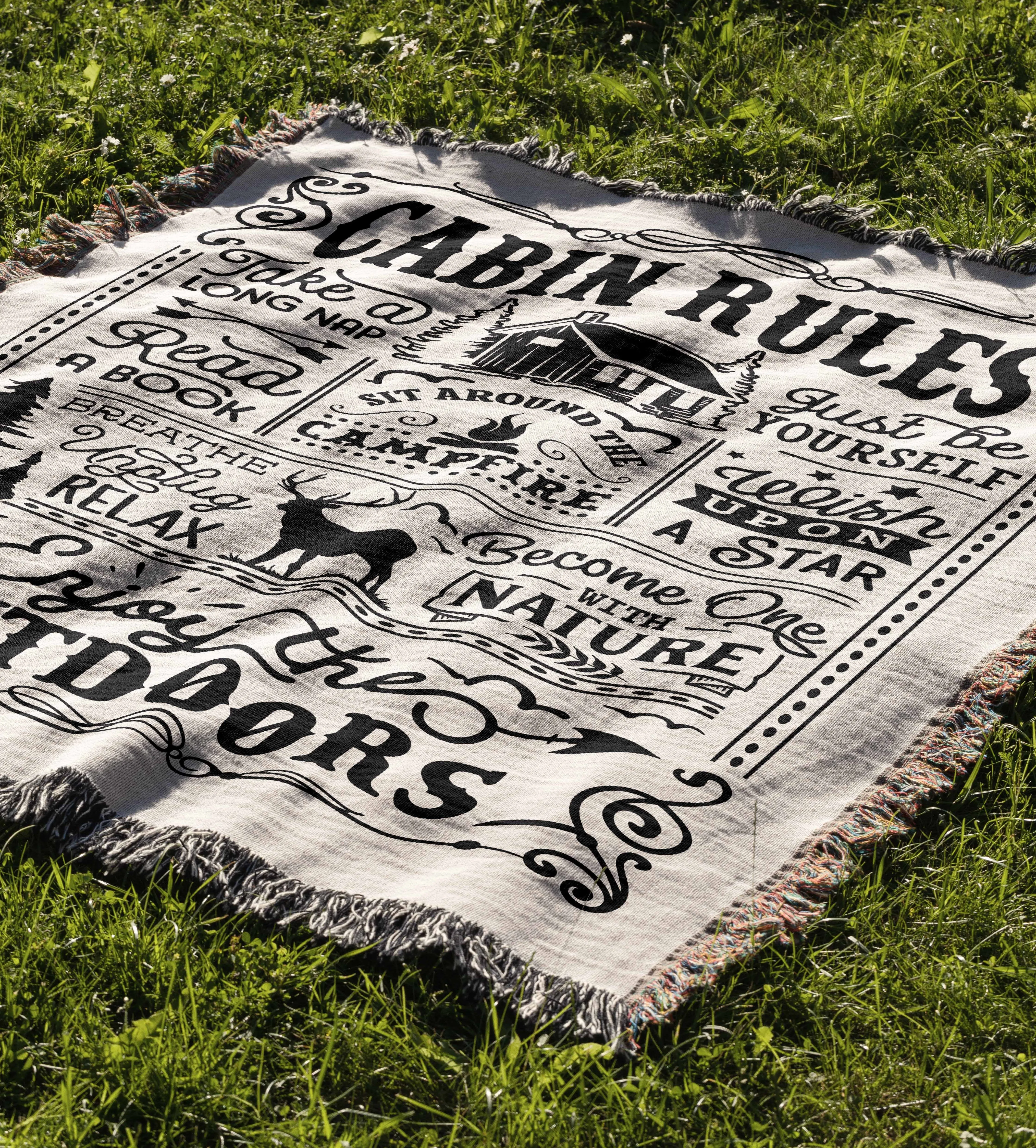 Cabin Rules Camping Hiking 50" x 60" Gift Woven Jacquard Blanket