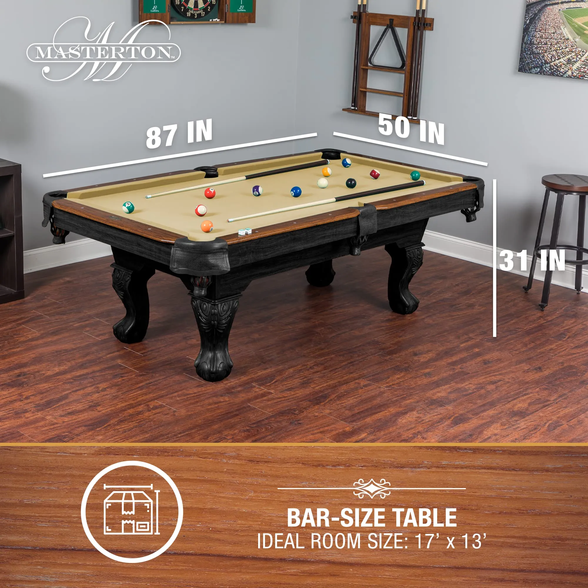 EastPoint Sports Masterton 87-Inch Pool Table - 8 Ball Pool Game Table for Billiards Indoor Games in Rec Room, Basement & Family Game Room - Available in Tan, Red, Green and Navy Felt Colors