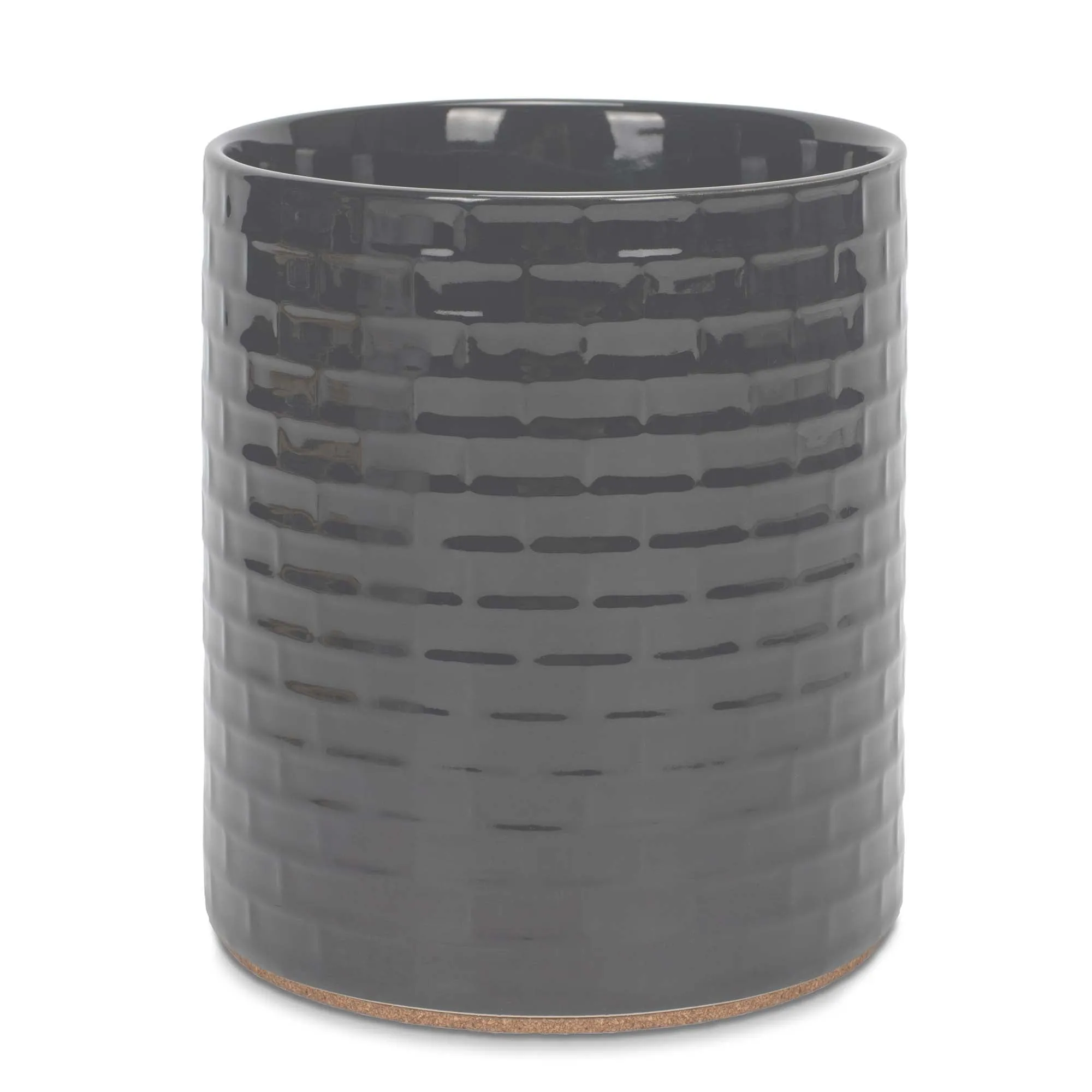 Embossed Subway Tile Ceramic Stoneware Cork Bottom Kitchen Utensil Holder, Grey