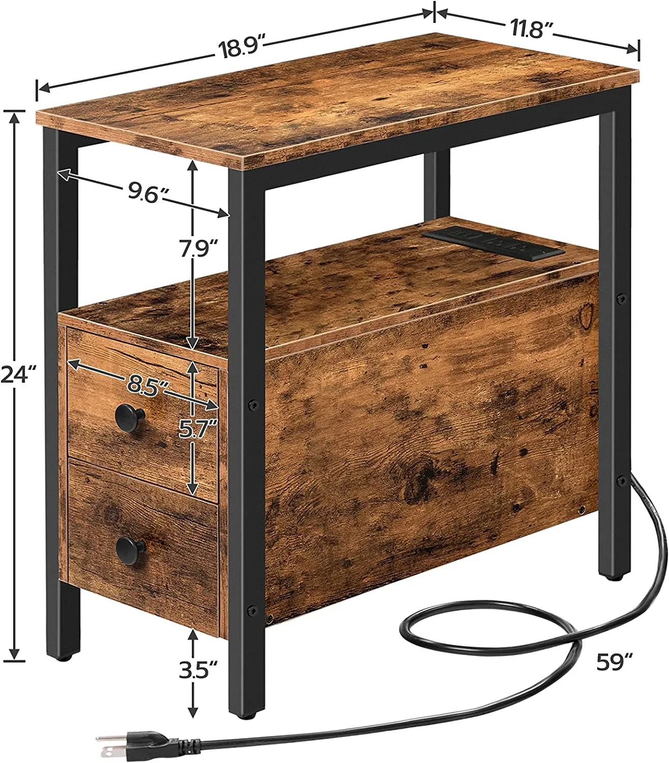End Table, Narrow Side Table with 2 Drawers, USB Ports & Power Outlets