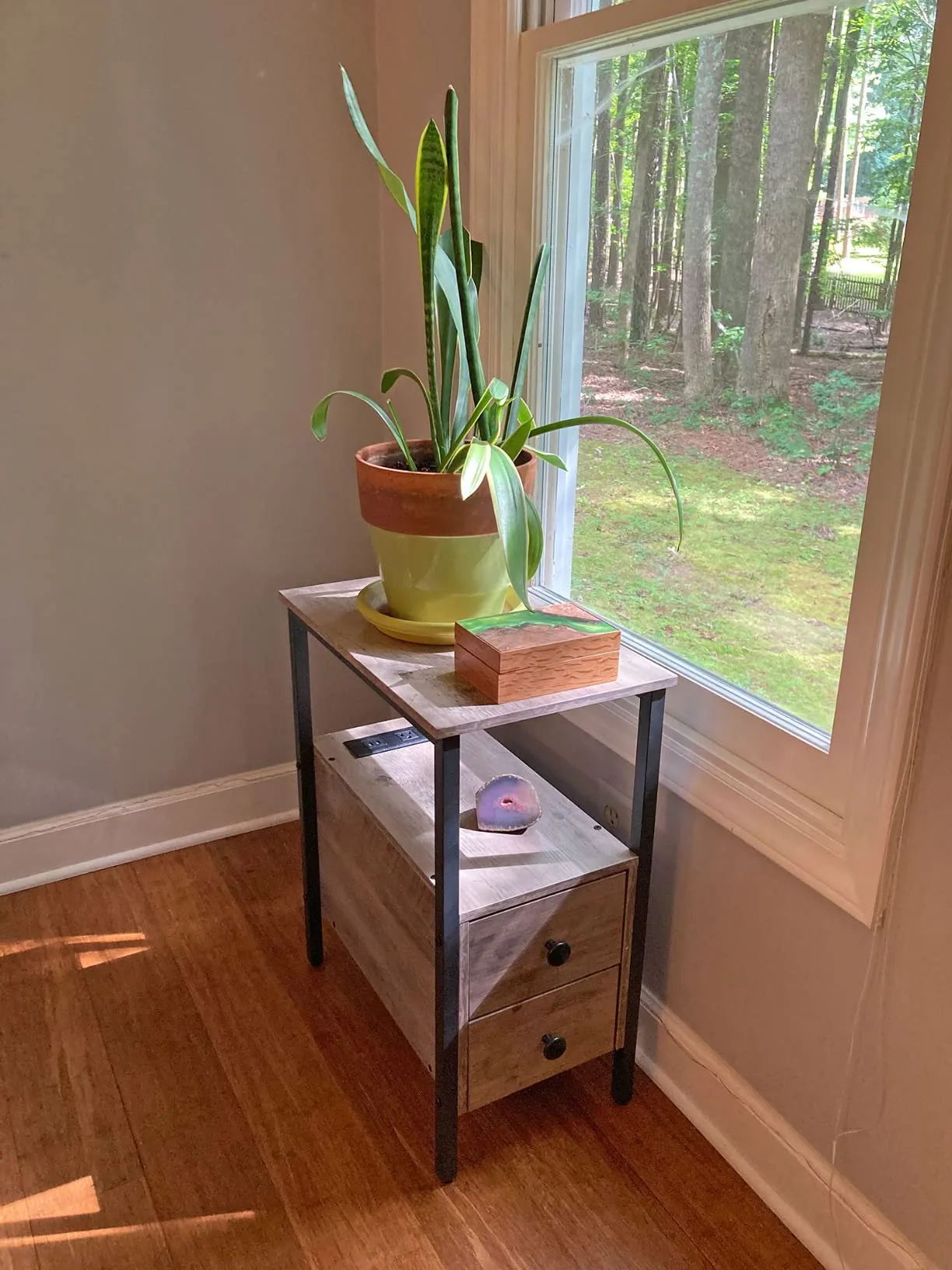 End Table, Narrow Side Table with 2 Drawers, USB Ports & Power Outlets