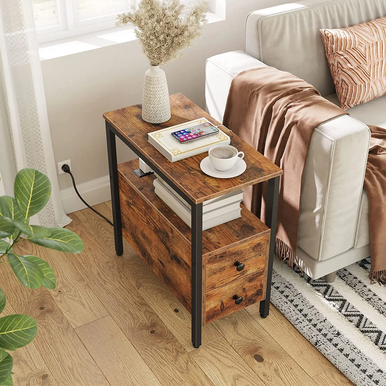 End Table, Narrow Side Table with 2 Drawers, USB Ports & Power Outlets