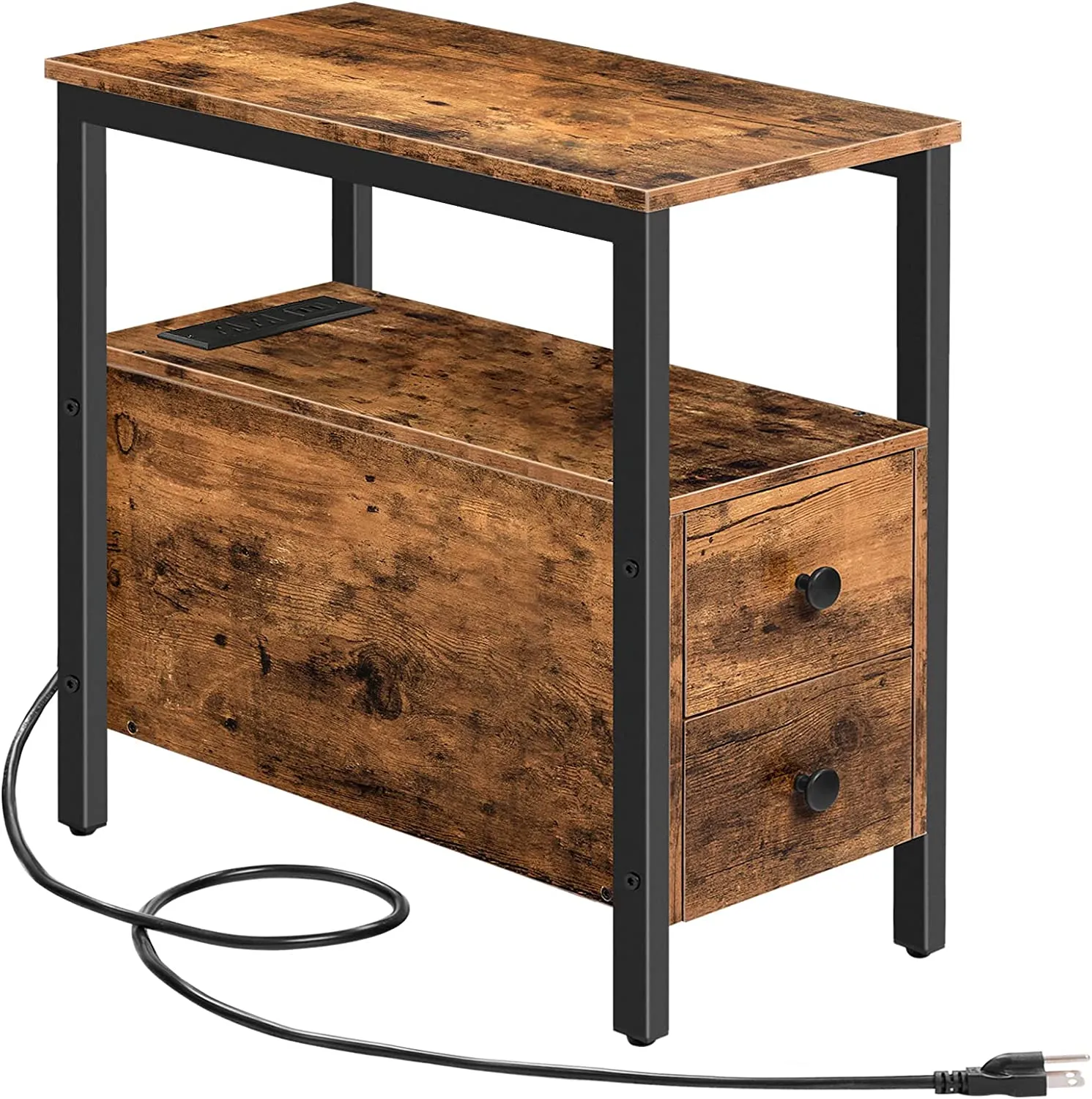 End Table, Narrow Side Table with 2 Drawers, USB Ports & Power Outlets
