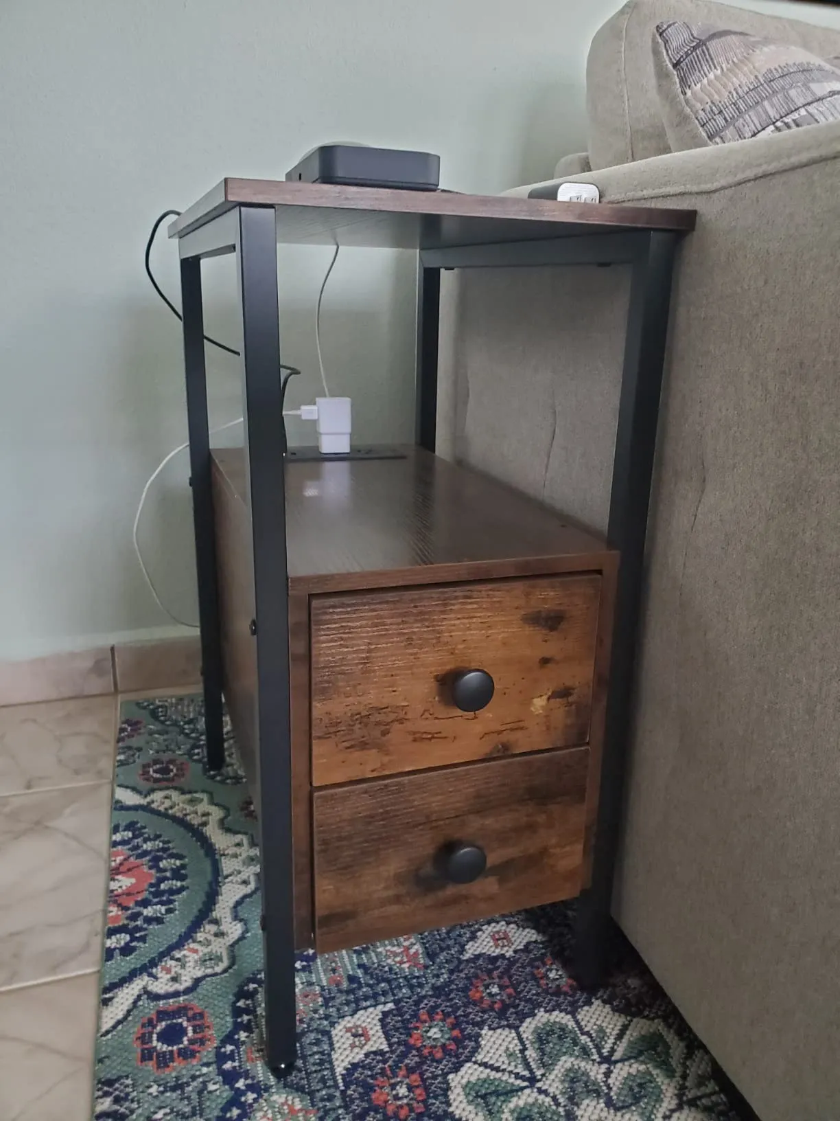 End Table, Narrow Side Table with 2 Drawers, USB Ports & Power Outlets