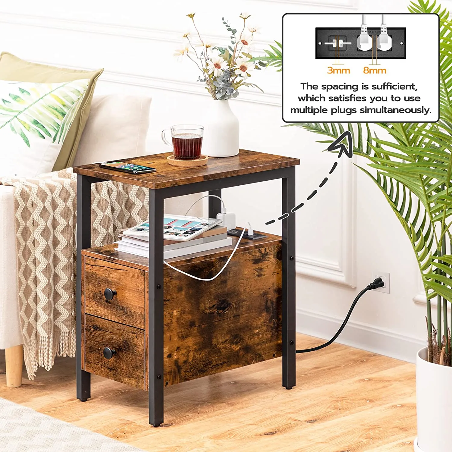 End Table, Narrow Side Table with 2 Drawers, USB Ports & Power Outlets
