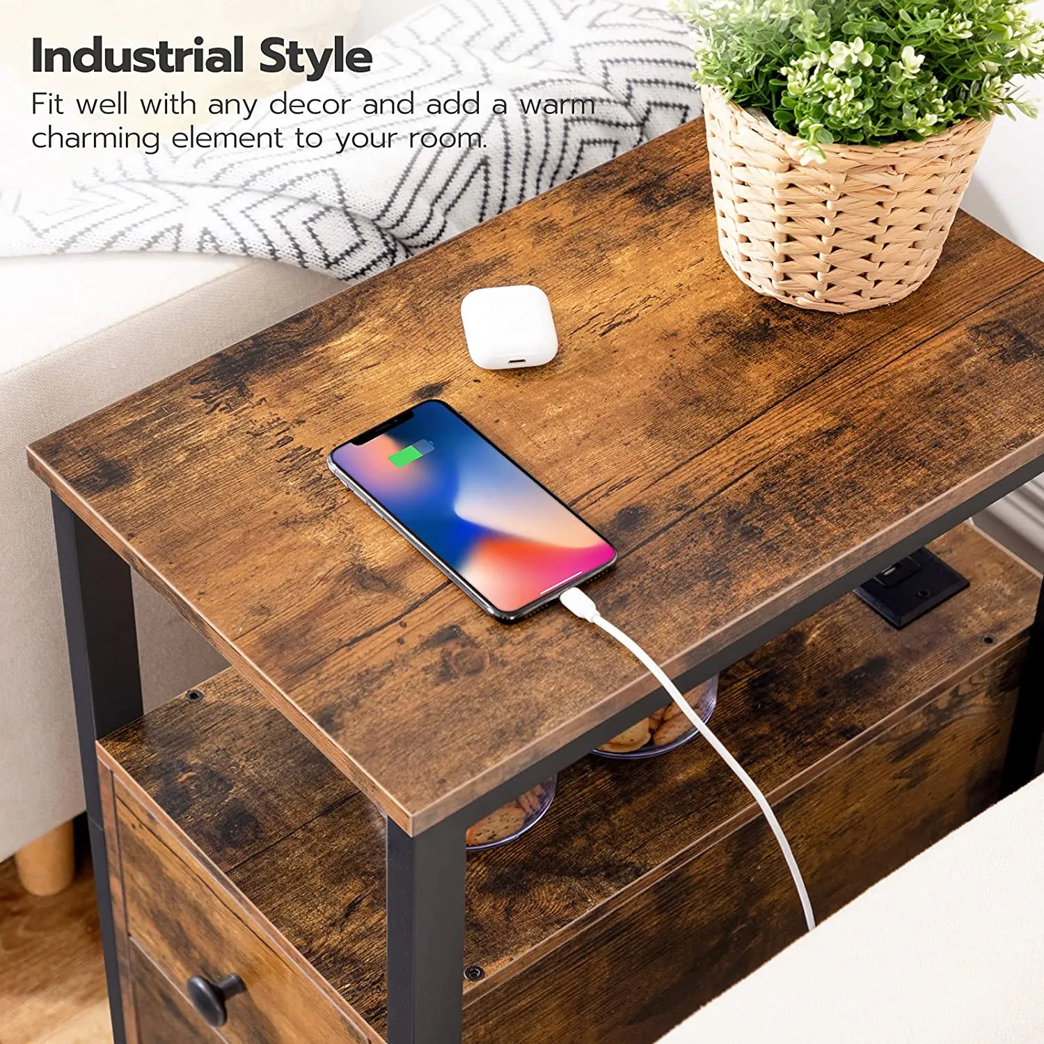 End Table, Narrow Side Table with 2 Drawers, USB Ports & Power Outlets