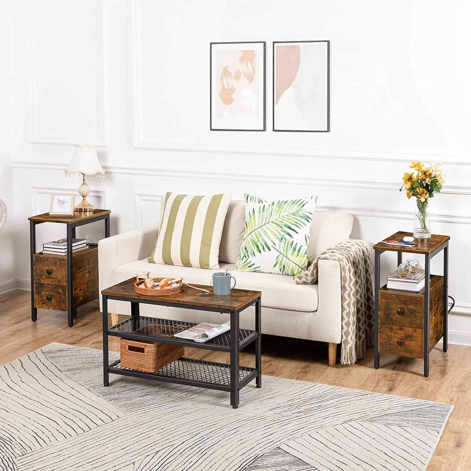 End Table, Narrow Side Table with 2 Drawers, USB Ports & Power Outlets