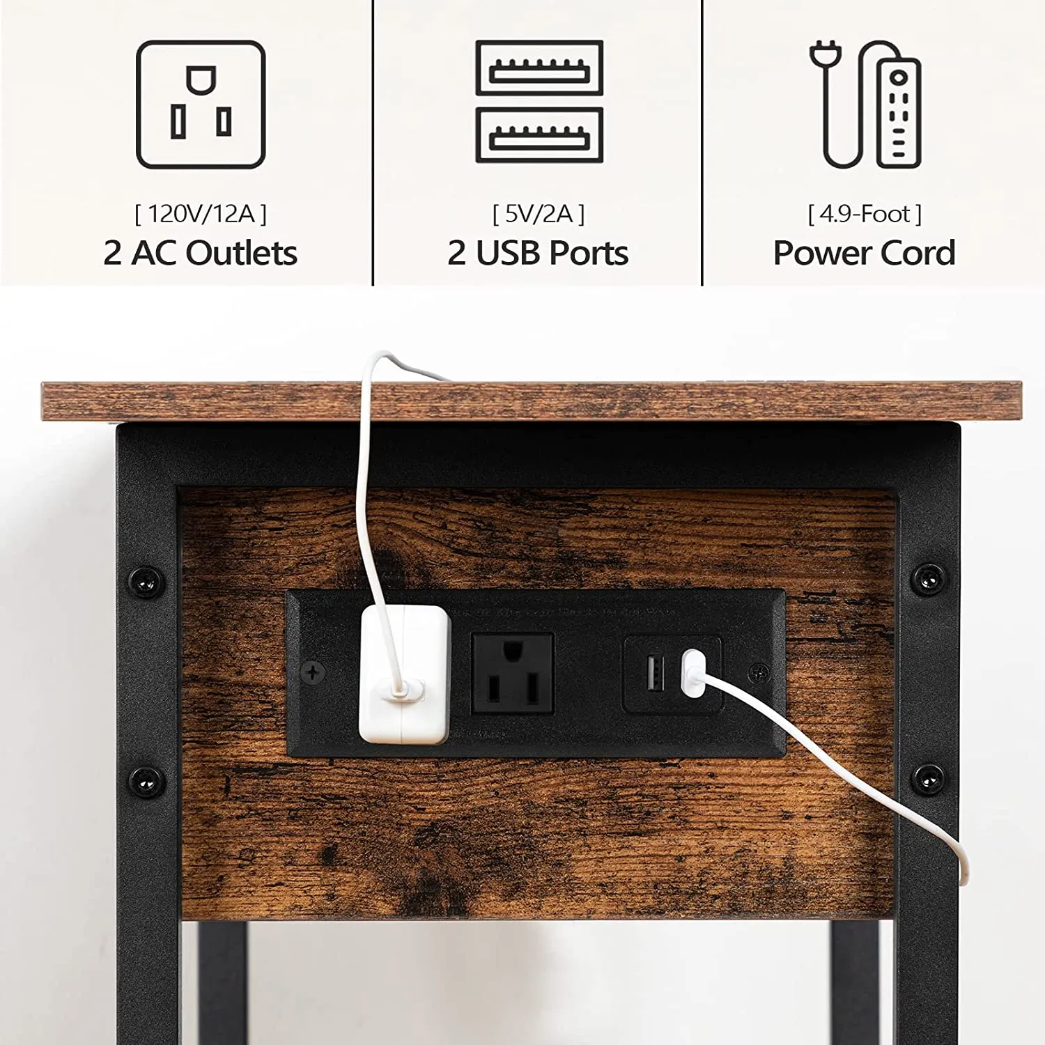 End Table with Charging Station and Shelves, Flip Side Table with USB Ports & Power Outlets
