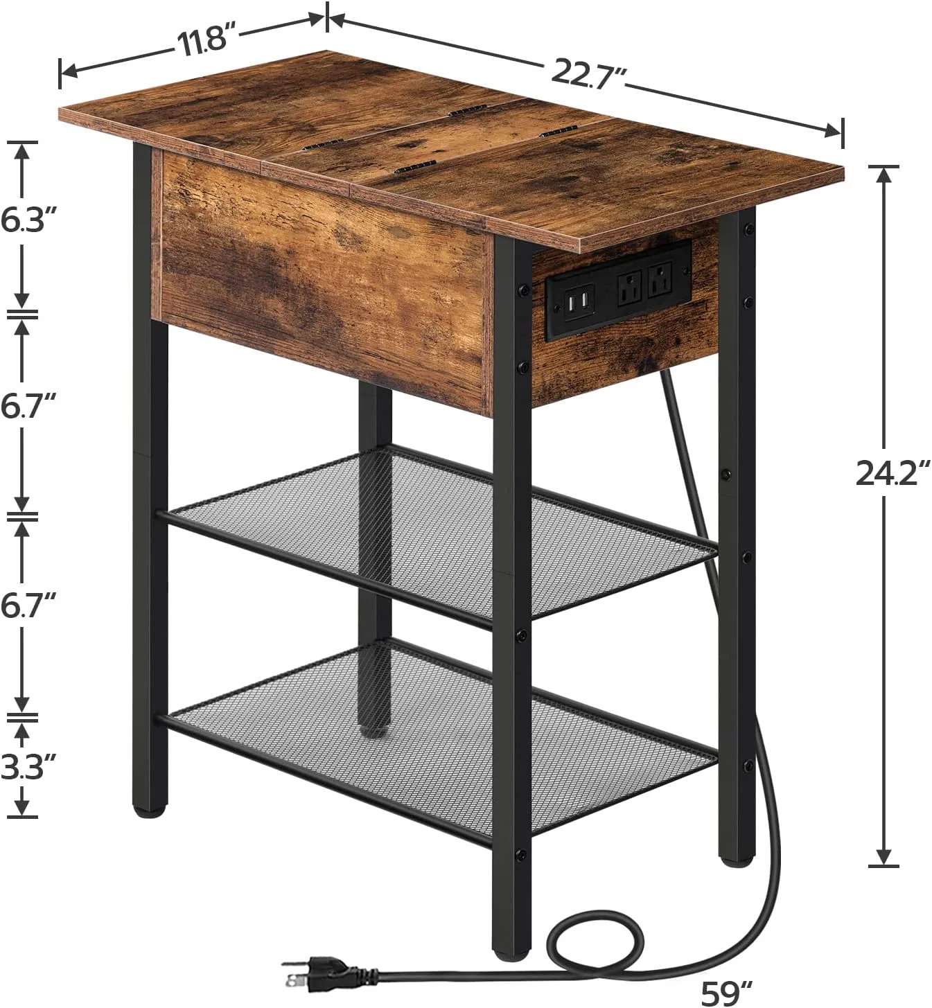 End Table with Charging Station and Shelves, Flip Side Table with USB Ports & Power Outlets