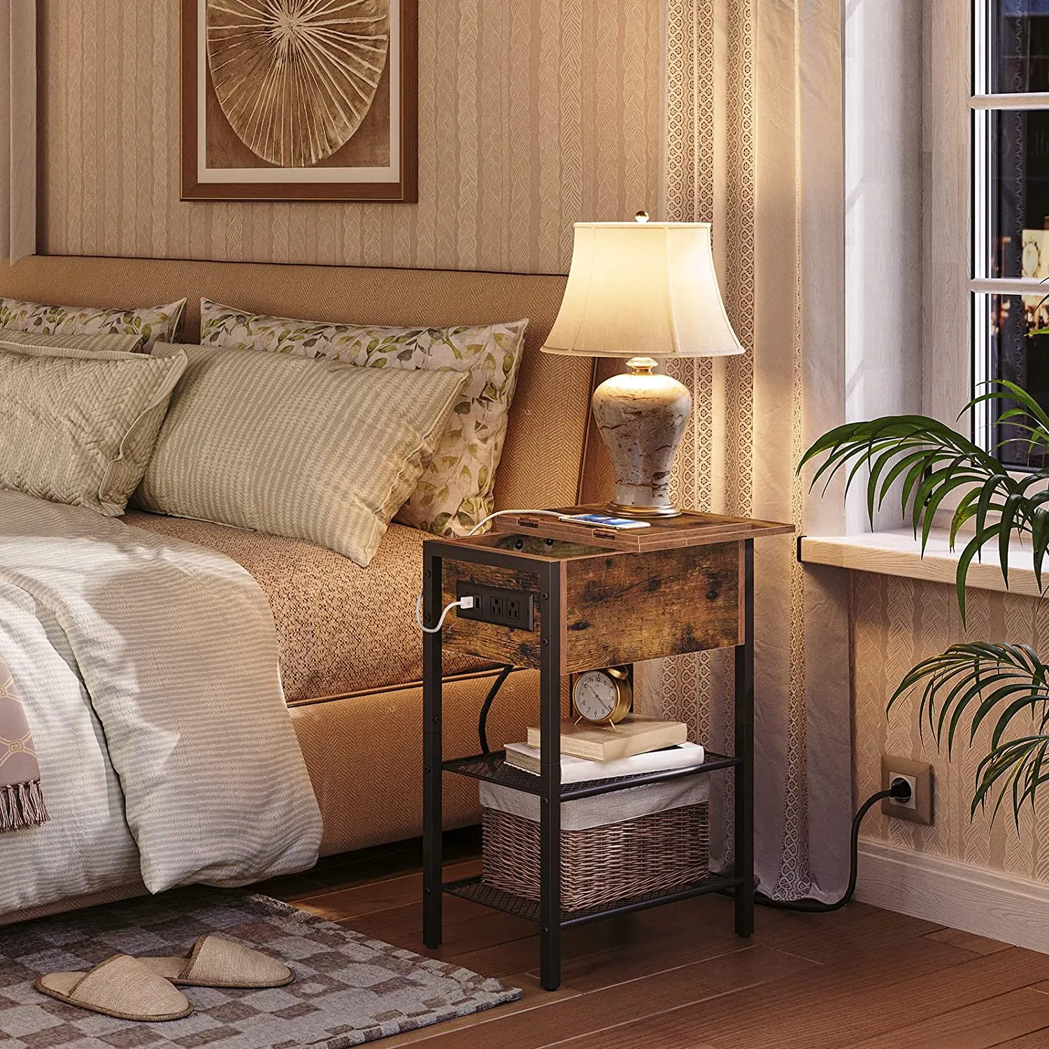 End Table with Charging Station and Shelves, Flip Side Table with USB Ports & Power Outlets