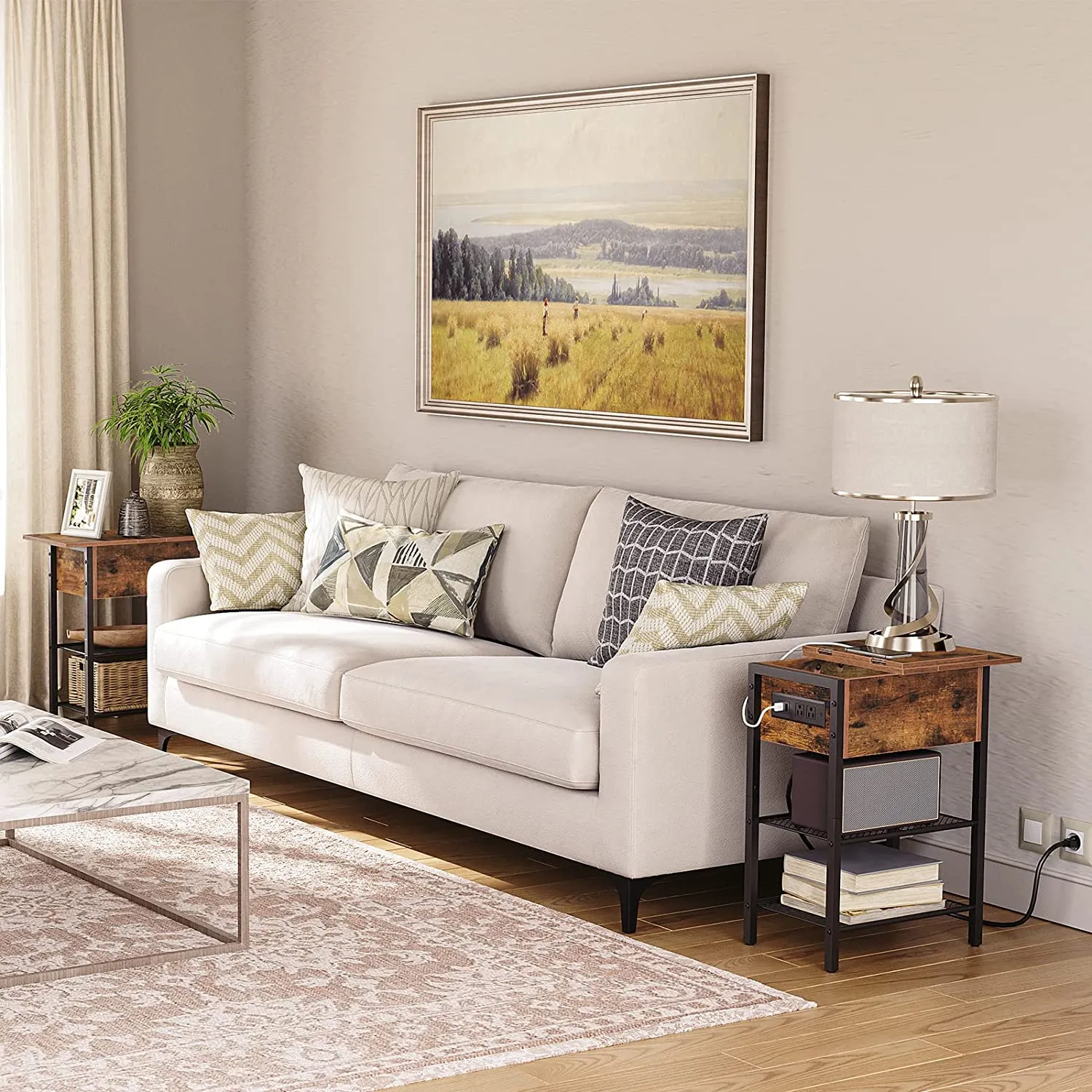 End Table with Charging Station and Shelves, Flip Side Table with USB Ports & Power Outlets