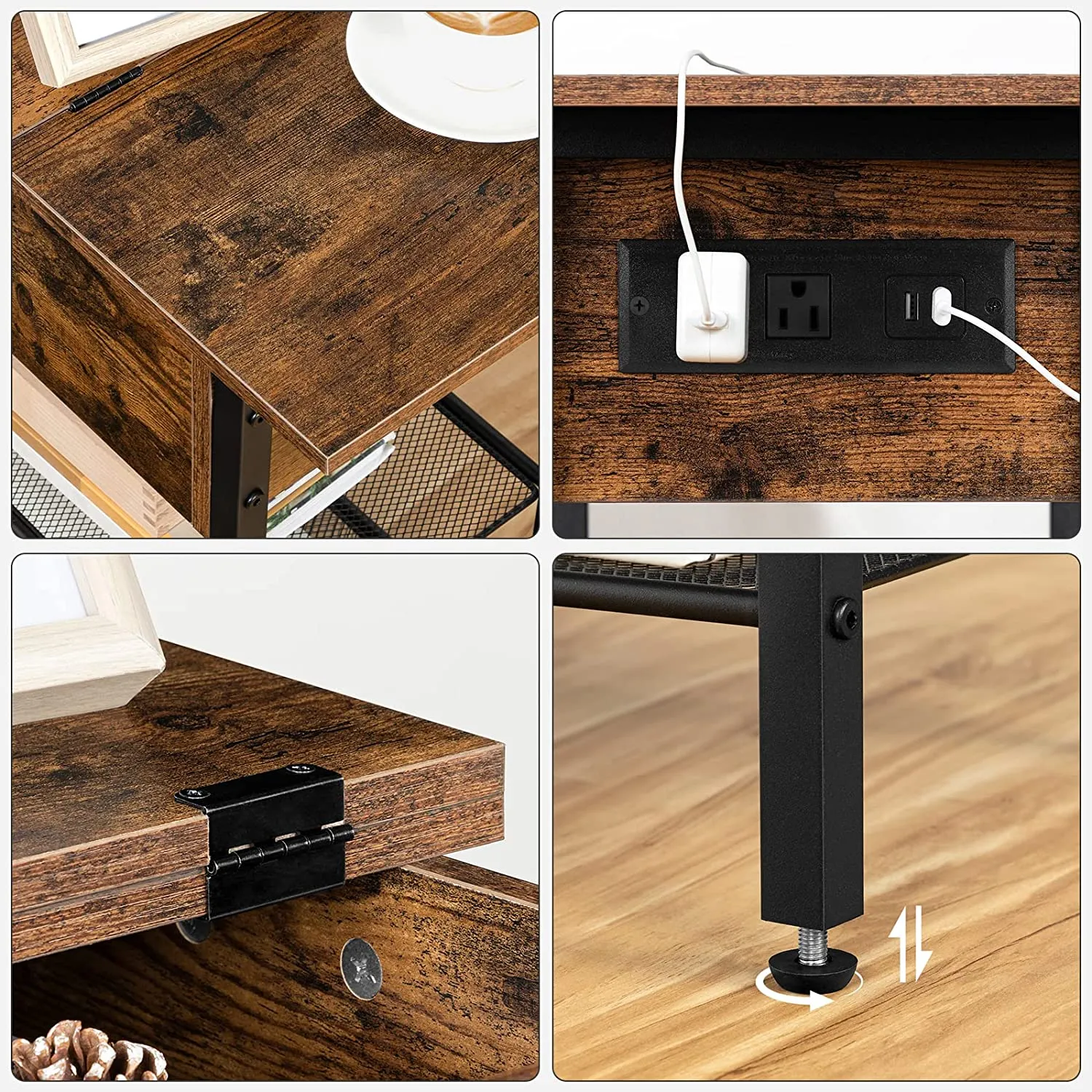 End Table with Charging Station and Shelves, Flip Side Table with USB Ports & Power Outlets