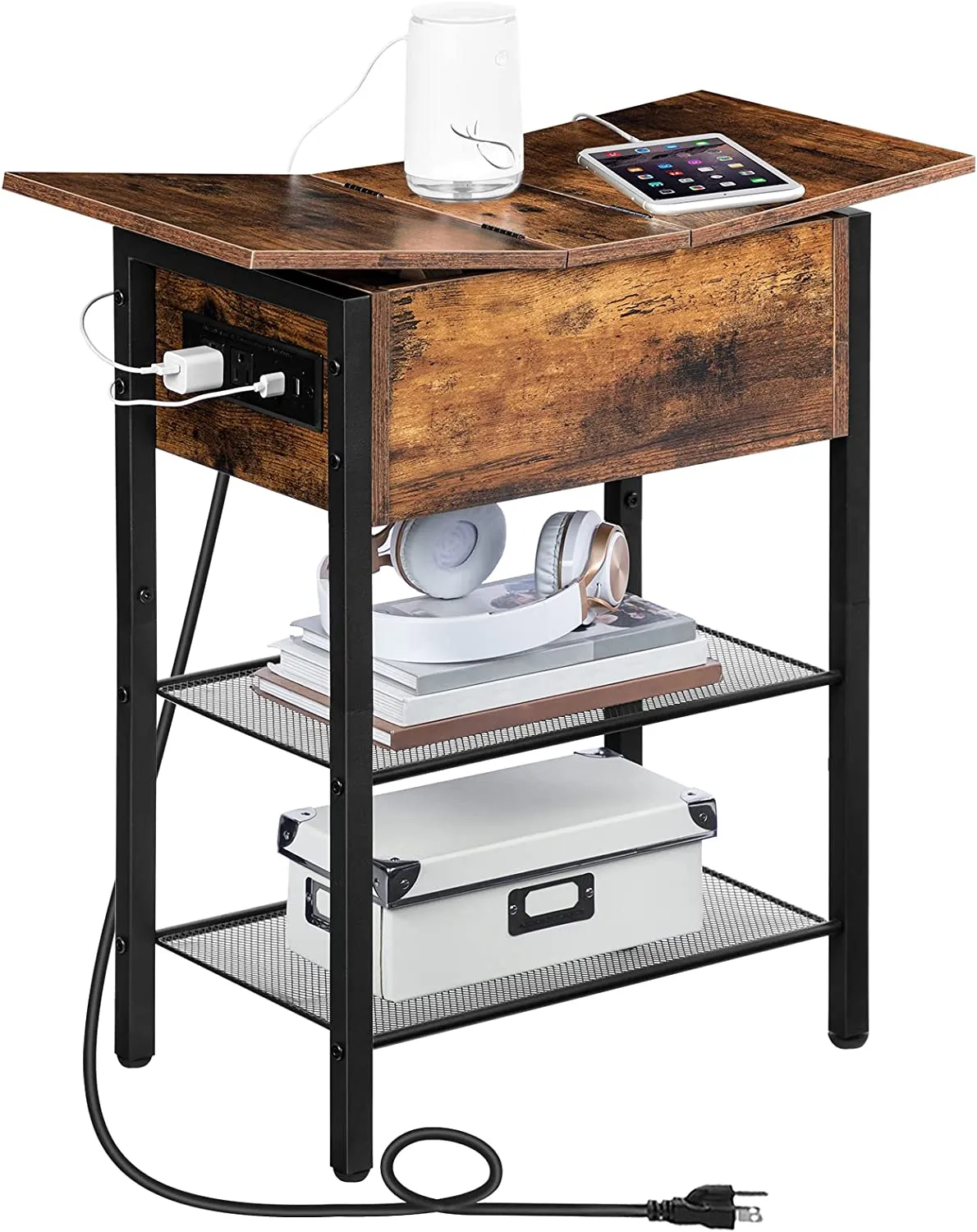 End Table with Charging Station and Shelves, Flip Side Table with USB Ports & Power Outlets