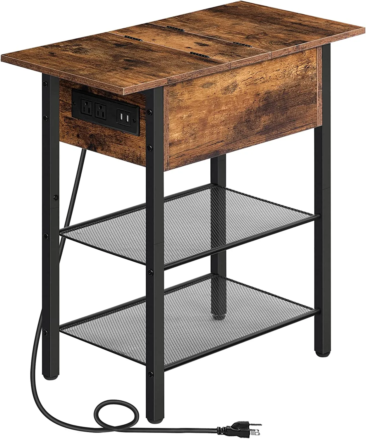 End Table with Charging Station and Shelves, Flip Side Table with USB Ports & Power Outlets