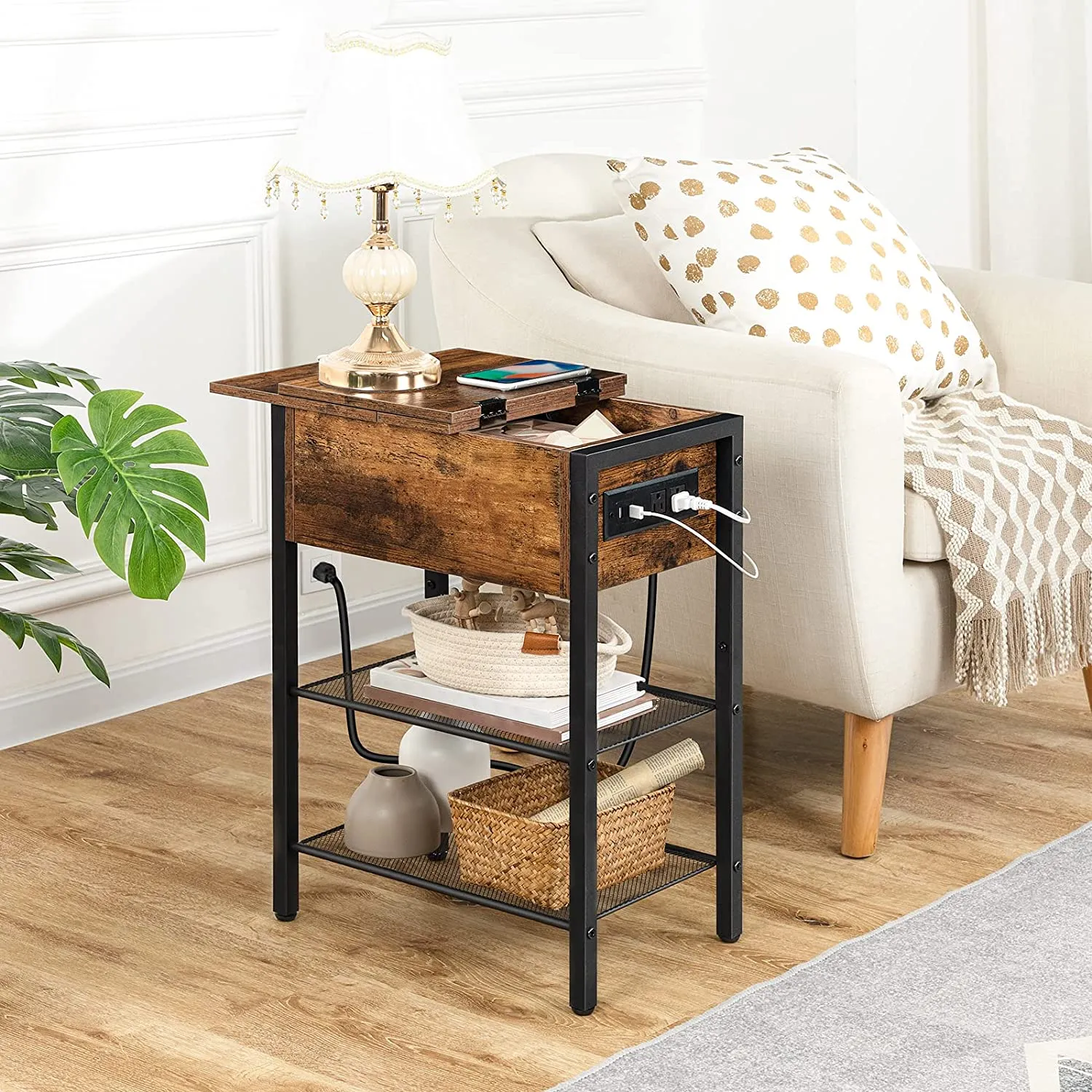 End Table with Charging Station and Shelves, Flip Side Table with USB Ports & Power Outlets