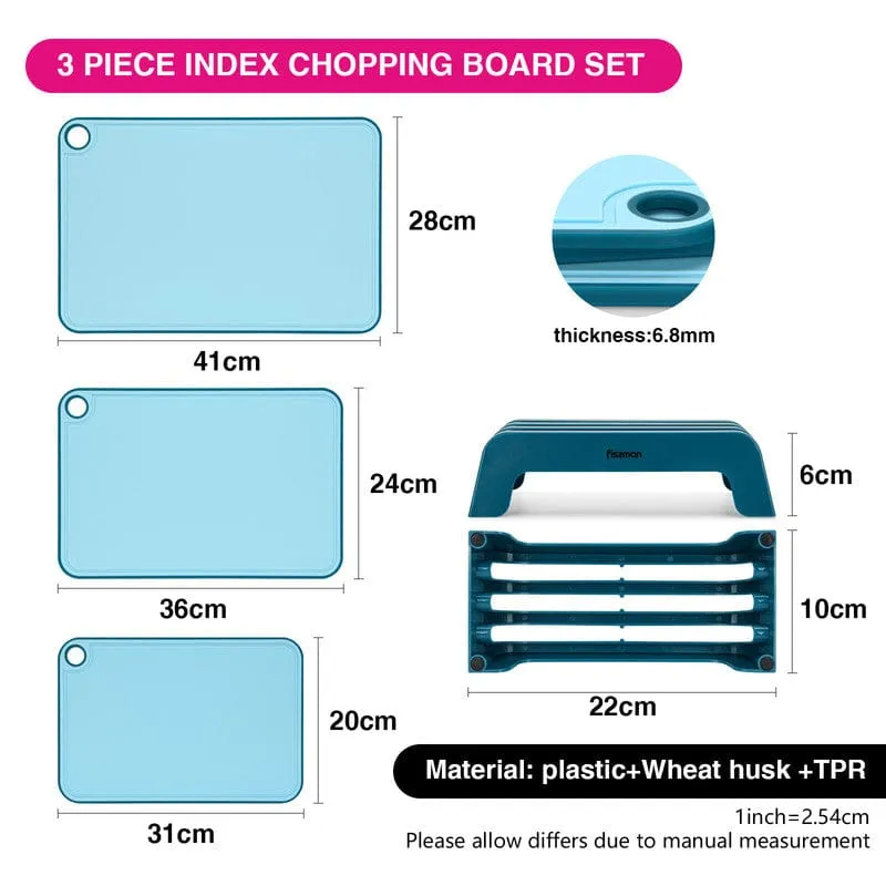Fissman 3 Piece Chopping Boards 41X28 Cm. 36X24 Cm. 31X20 Cm With Holder Blue Plastic  Tpr