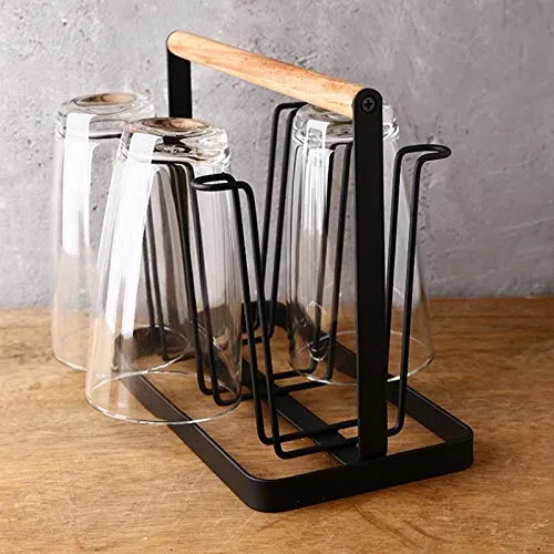 GINOYA BROTHERS Metal Drainer Holder Rack Non-Slip Mugs Cups Glasses Organizer with Wood Handle, Pack of 1, Black