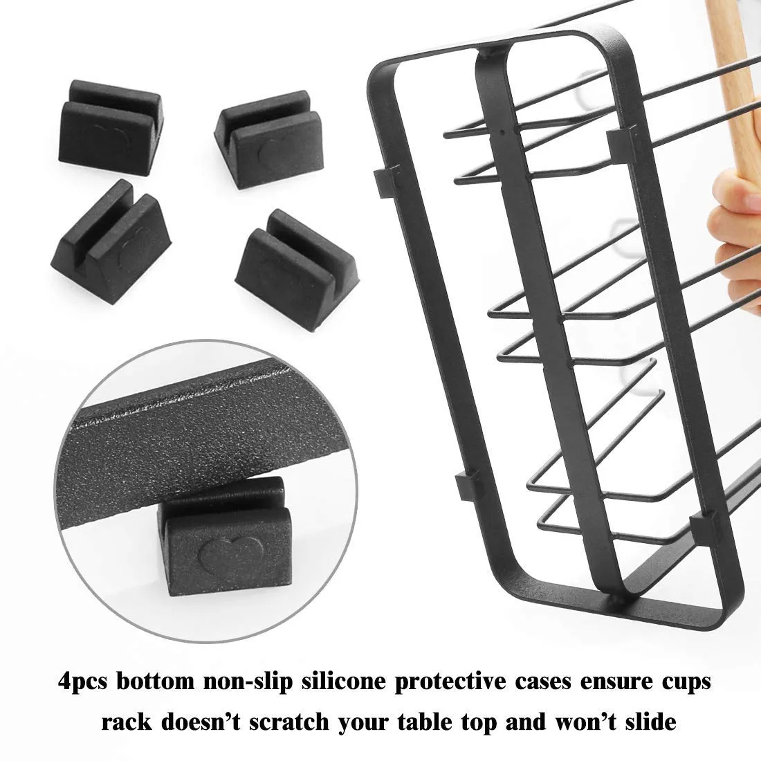 GINOYA BROTHERS Metal Drainer Holder Rack Non-Slip Mugs Cups Glasses Organizer with Wood Handle, Pack of 1, Black