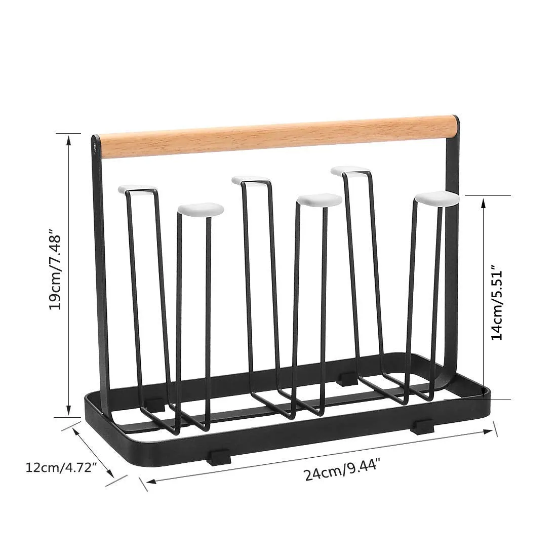GINOYA BROTHERS Metal Drainer Holder Rack Non-Slip Mugs Cups Glasses Organizer with Wood Handle, Pack of 1, Black
